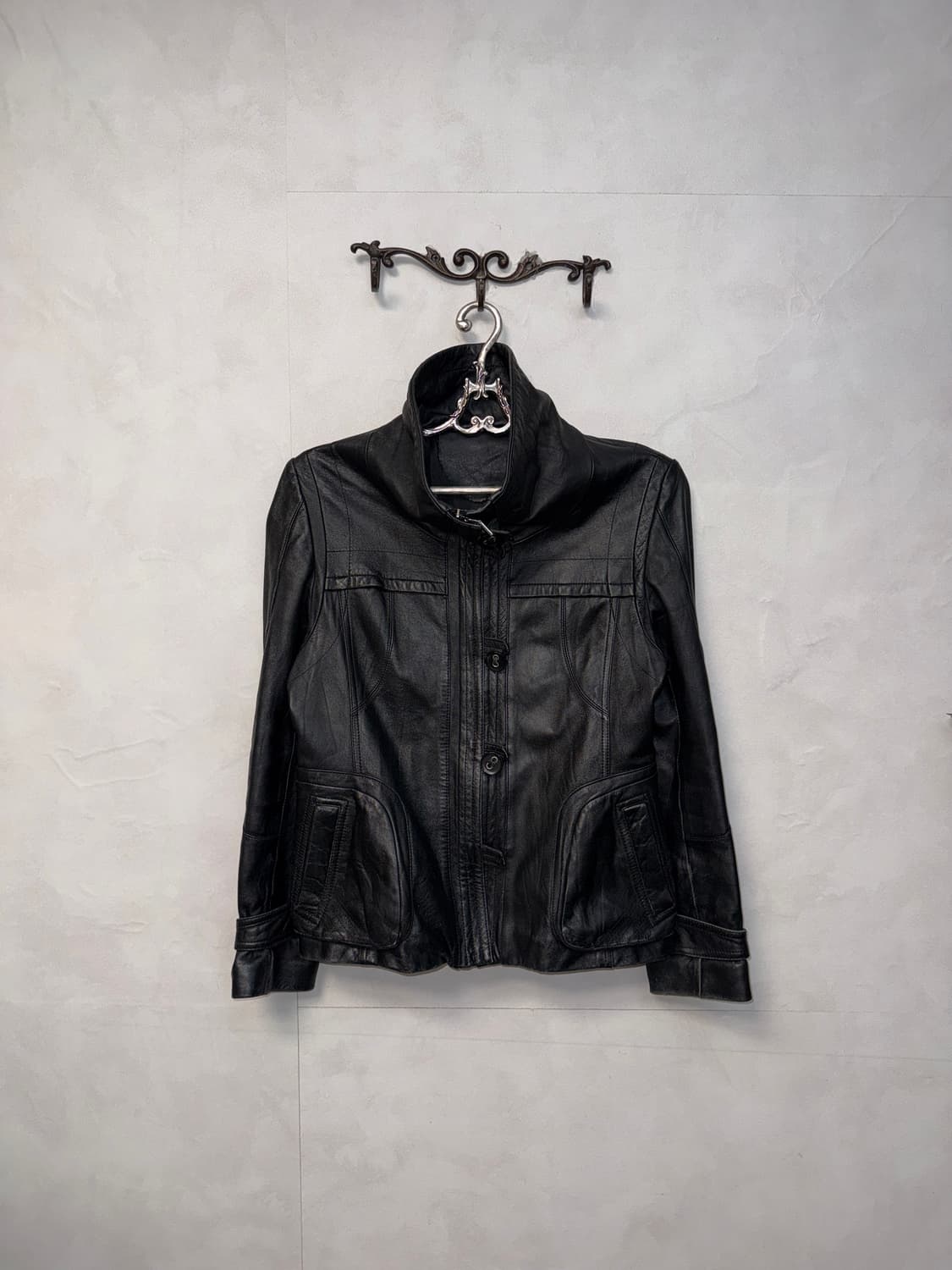 Black lamb skin high neck button jacket  상품이미지1