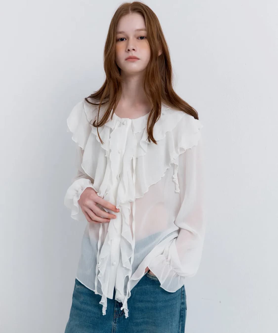 레이버러스 시스루 프릴 블라우스 화이트 상품이미지1