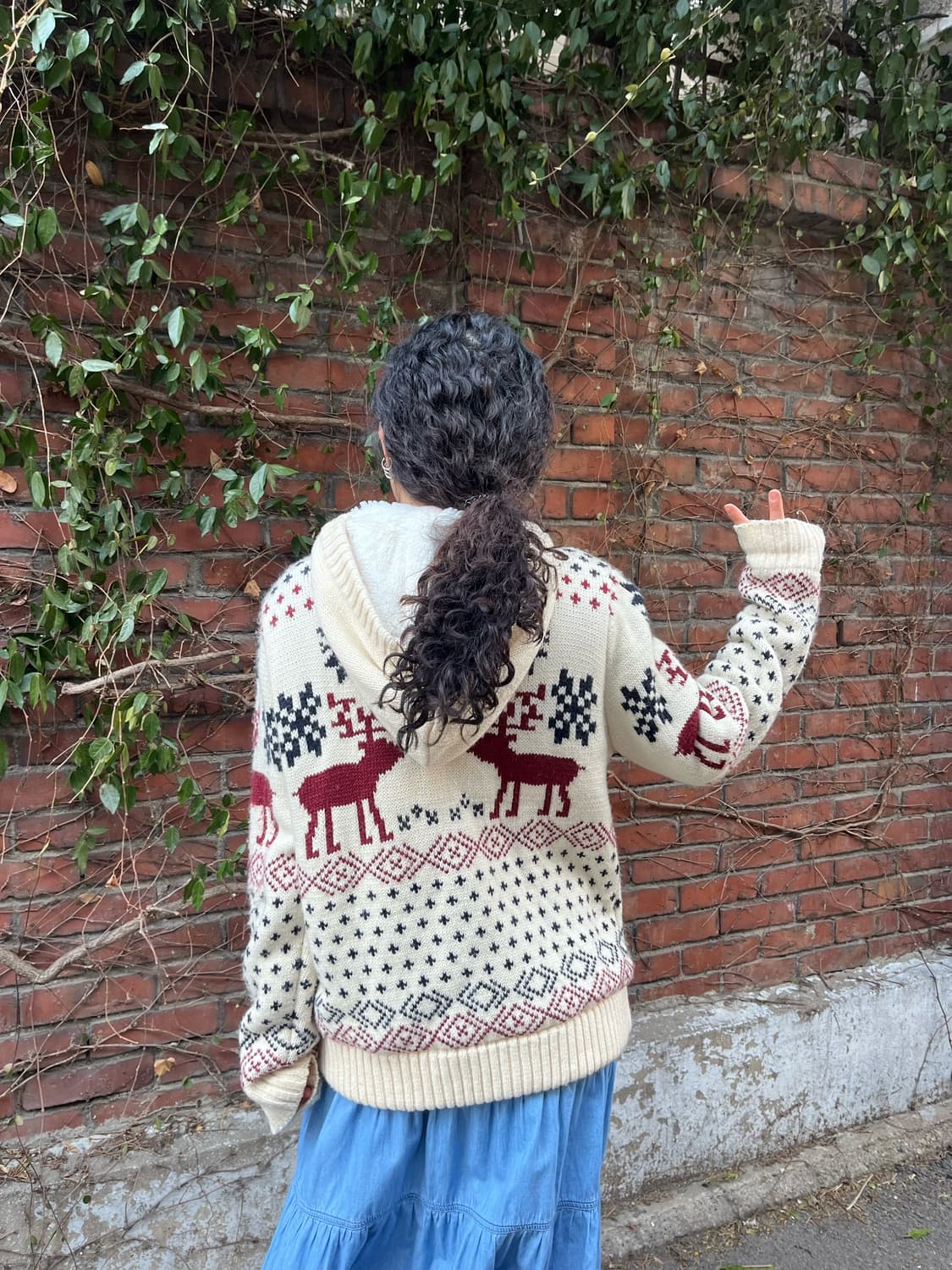 노르딕 패턴 양털 니트 후드 집업 아우터 상품이미지6