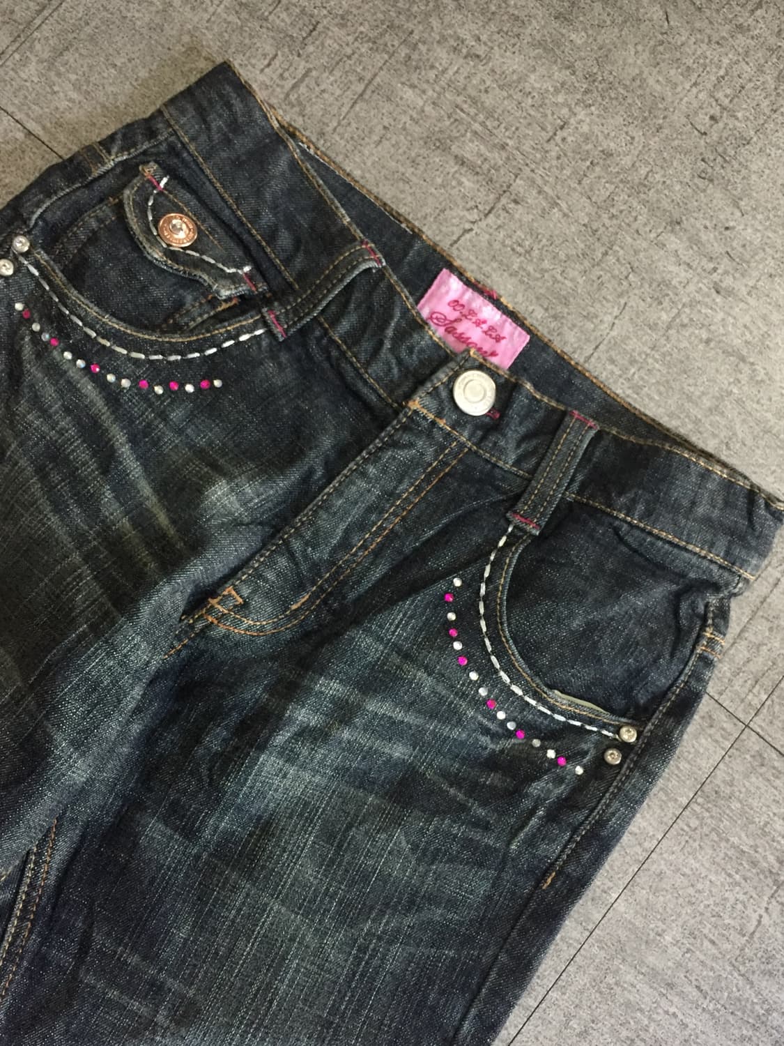 일본 Oolala 핀터깔y2k락펑크 웨스턴진주 데님부츠컷팬츠 상품이미지3