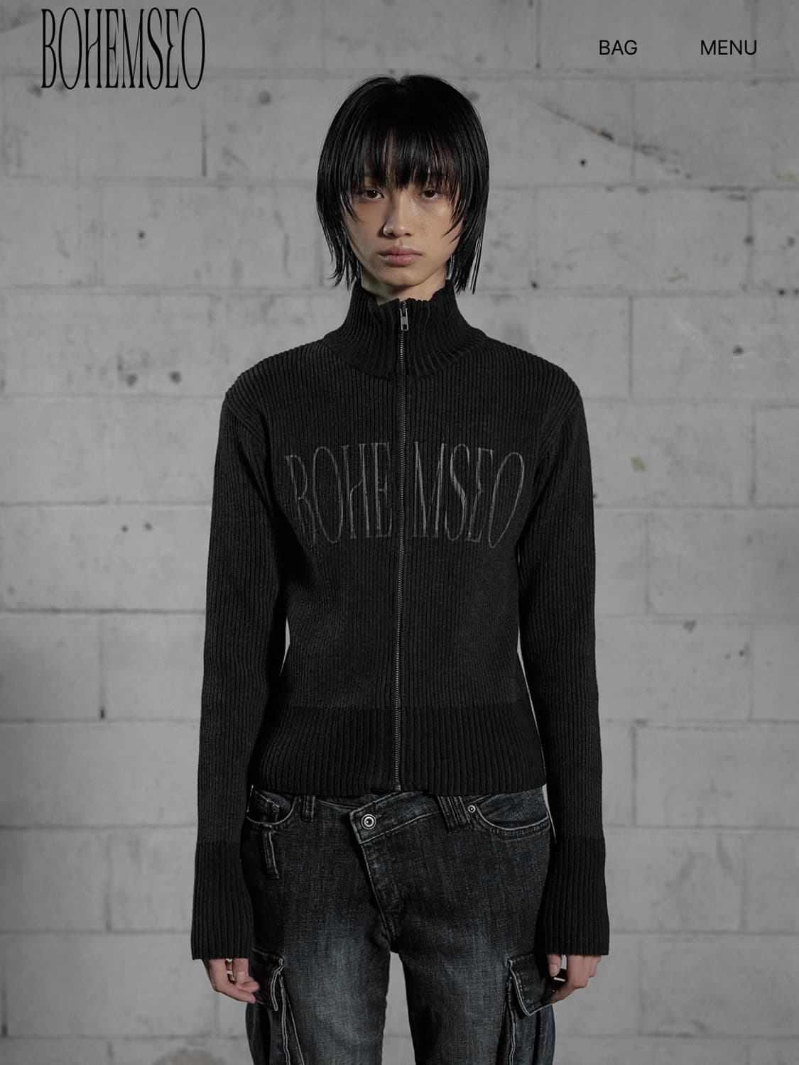 BOHEMSEO MIXED KNIT LOGO ZIP-UP CHARCOAL 상품이미지3