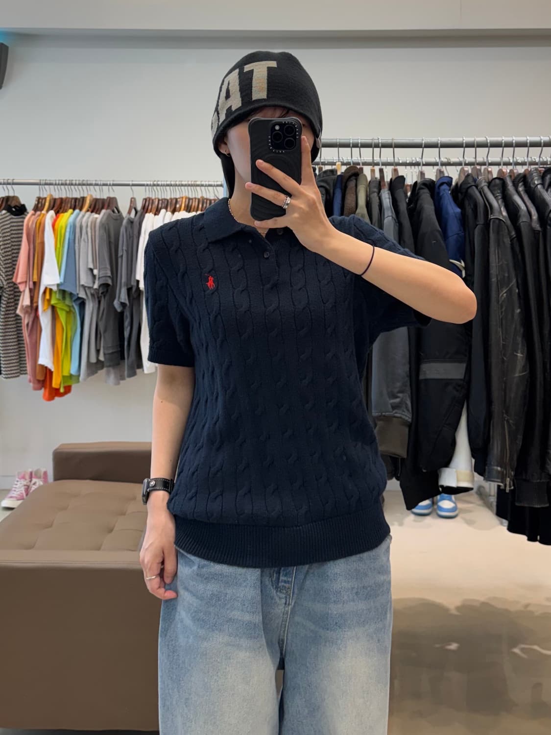 플로 꽈배기 카라넥 반팔 니트 네이비 상품이미지6