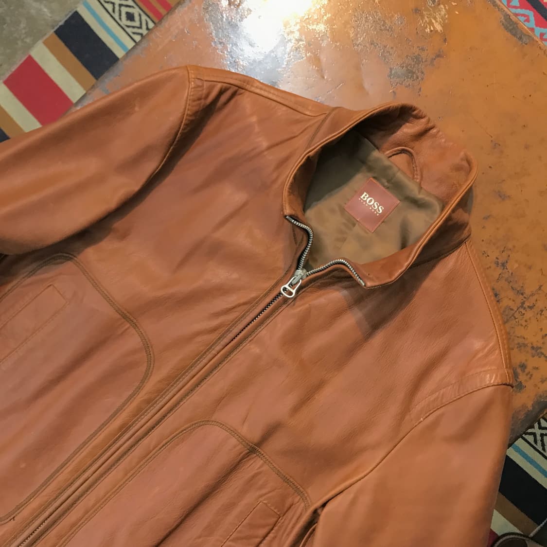 휴고 보스 소가죽 브라운 집업 레더 자켓 남성 105 사이즈 상품이미지2