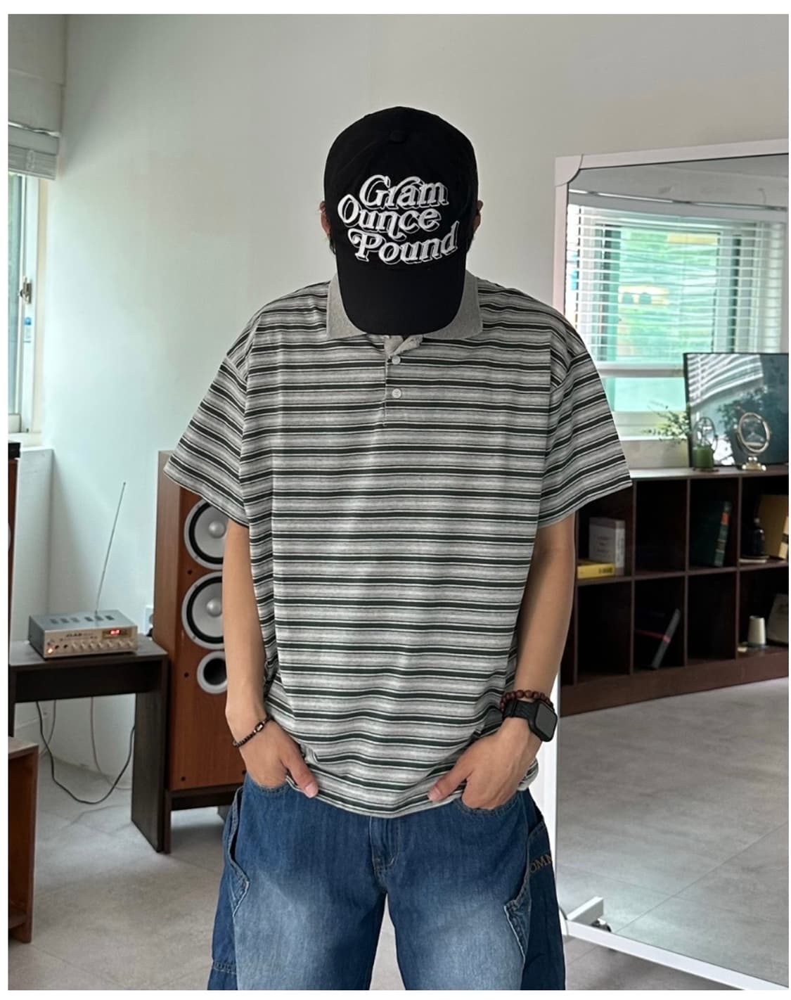 스트라이프 배색 크롭 카라반팔티 상품이미지1