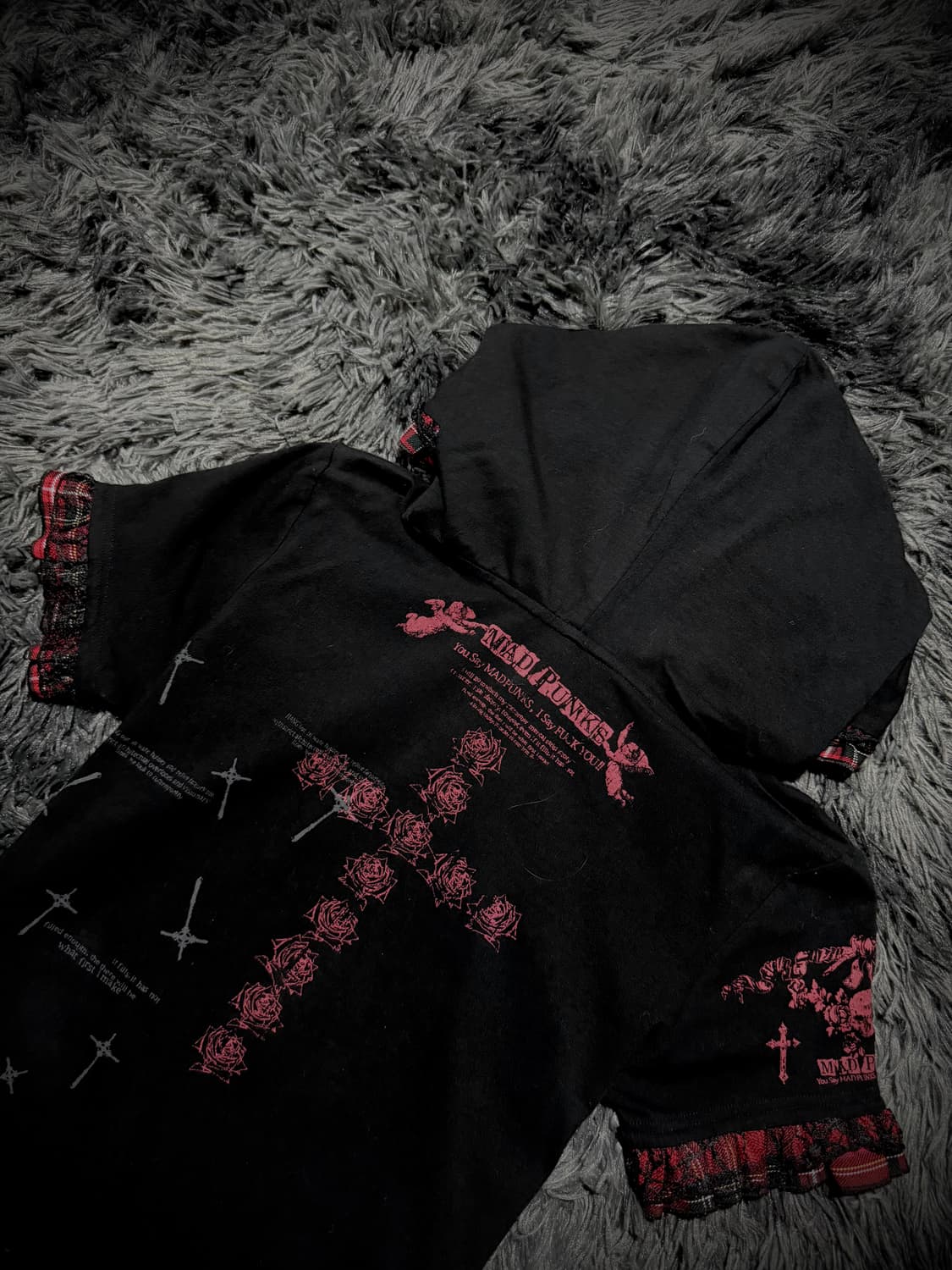 MAD PUNKs 로즈 십자가 그래픽 레드 체크 펑크 후드 반팔티 상품이미지7