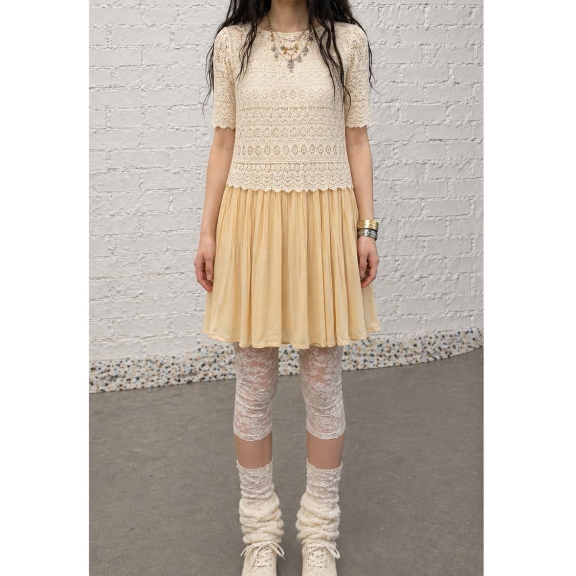 레이스 자수 노랑 원피스 상품이미지2