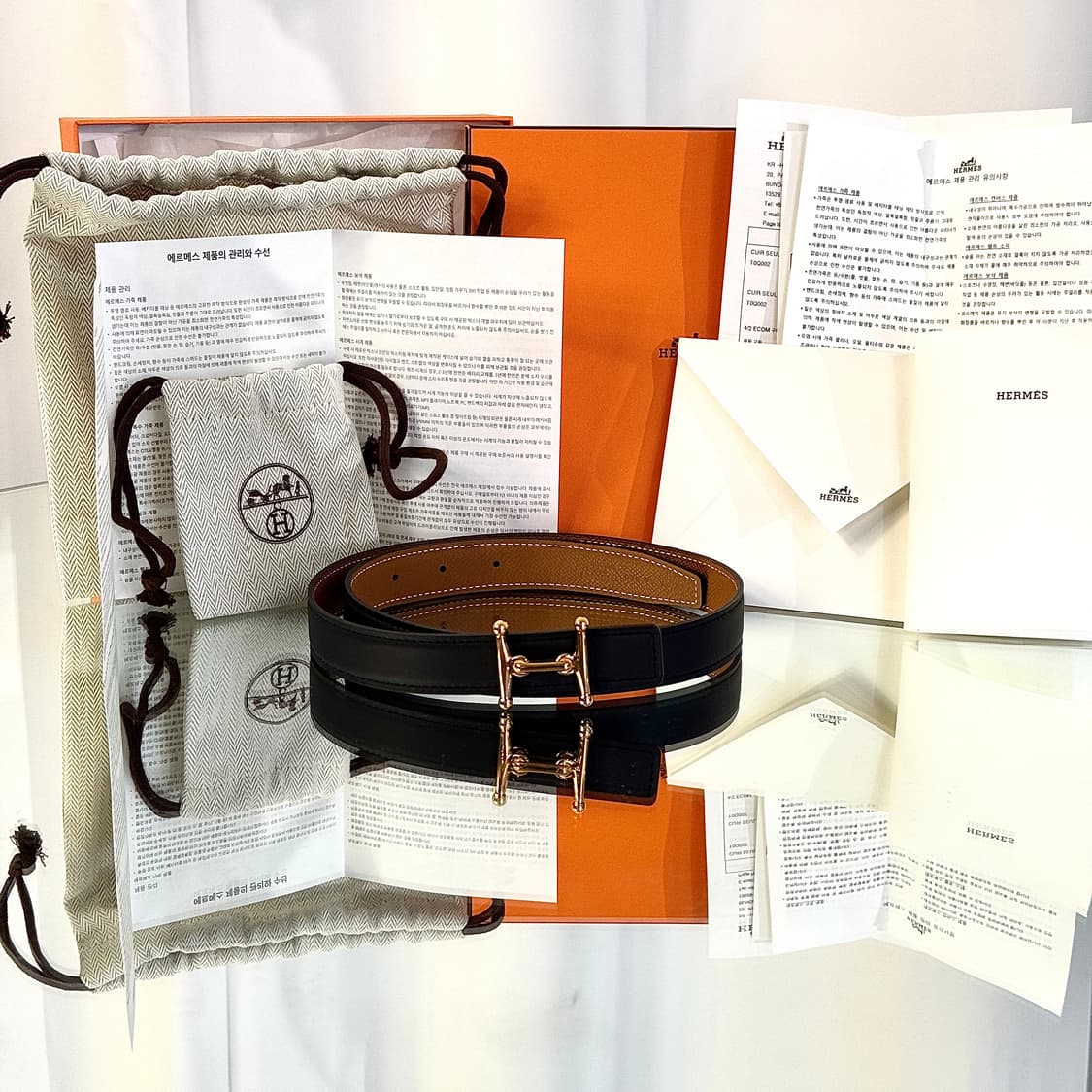 A+ / 75 에르메스 리버서블 24MM 벨트 H 버클 (누아/오르로즈) 상품이미지1
