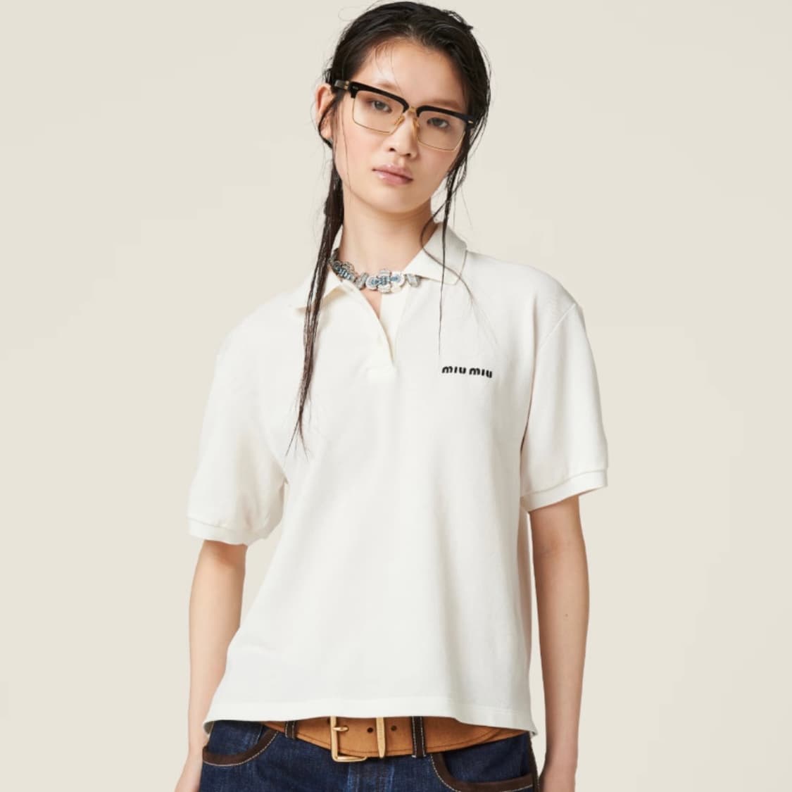 [A급/2XL] 미우미우 코튼 피게 폴로 반팔 카라티 화이트 상품이미지9