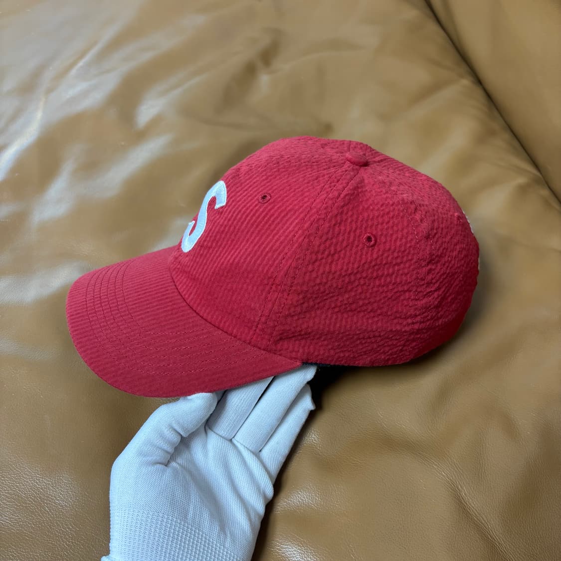 슈프림 S로고 6패널 볼캡 모자 24ss 시어서커 레드 상품이미지5