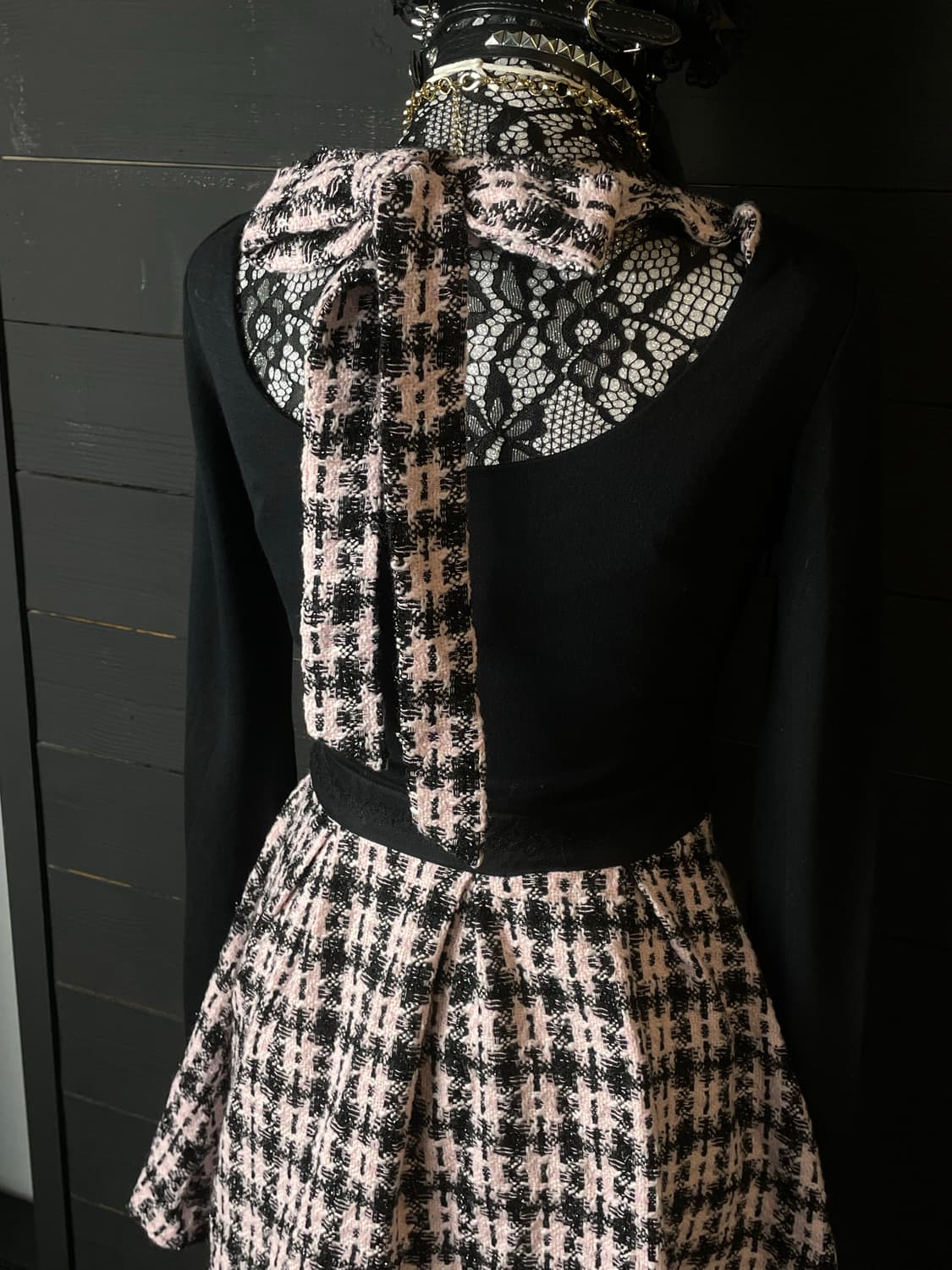 JPN 연핑크 히메갸루 트위드 블랙 리본 원피스 상품이미지5