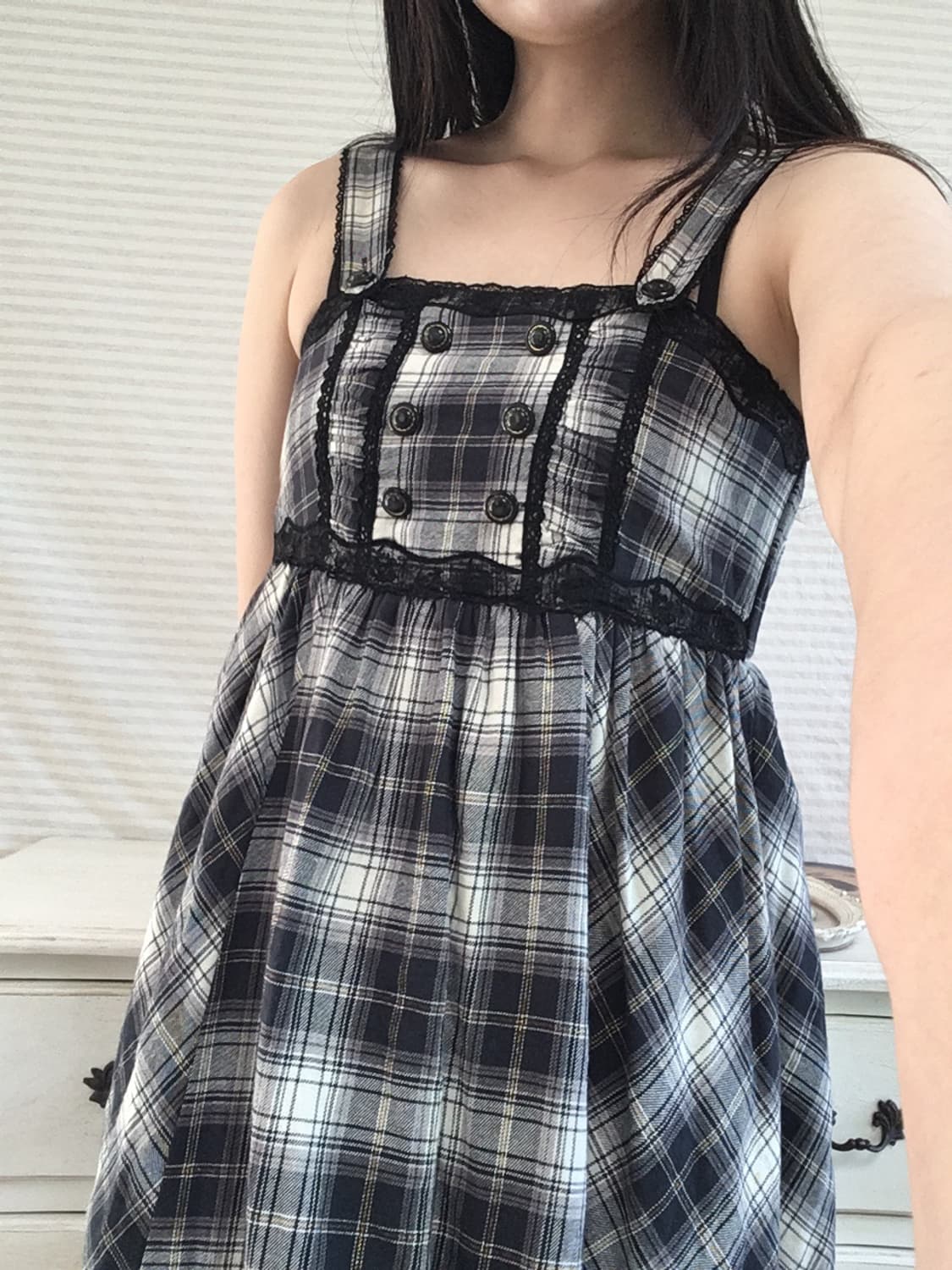 jpn vintage 네이비 체크 블랙 레이스 나시 원피스 y2k 스트릿 상품이미지2
