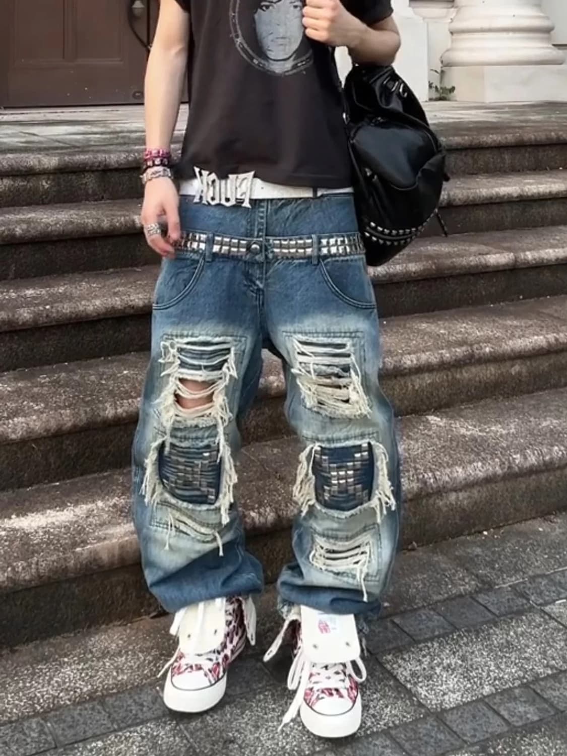 Y2K 디스트로이드 패치 데님 팬츠 상품이미지1