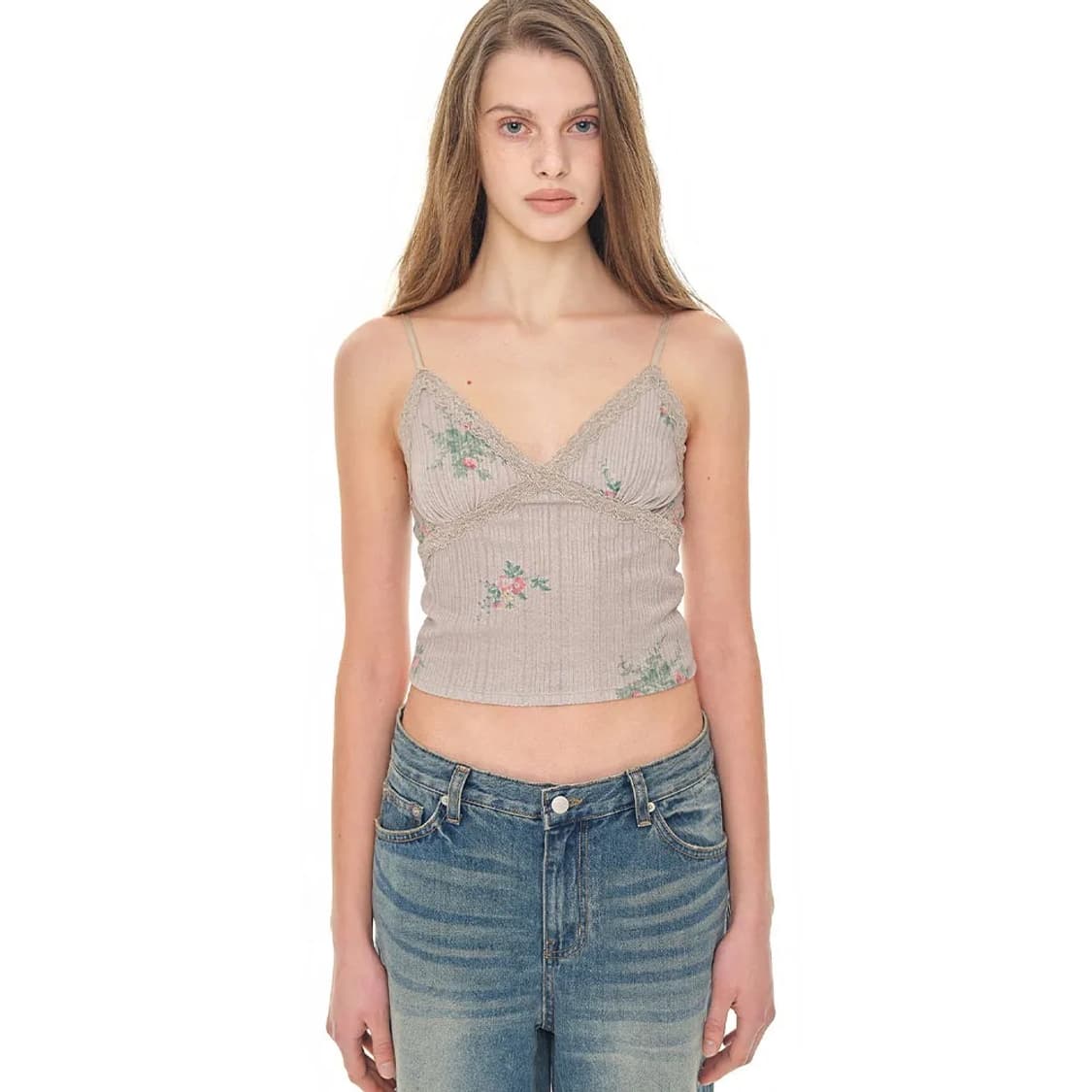 투머치택스 FLORAL LACE RIBBED CAMI TOP  상품이미지1