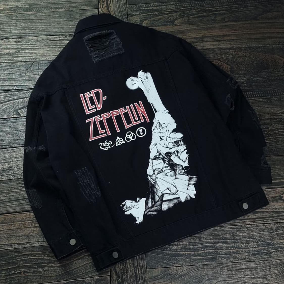 [빈티지] 데미지 레드제플린 프린팅 흑청 블랙 데님 자켓 M18343 상품이미지1