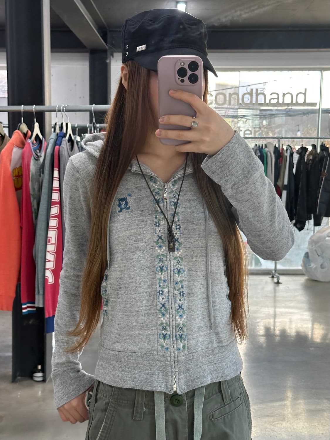 히스테릭글래머 퍽베어 플라워 자수 후드집업 상품이미지1