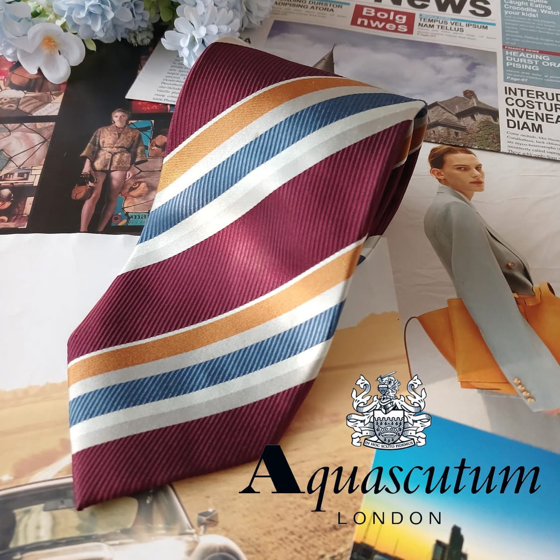 아쿠아스큐텀 실크 브라운 스트라이프 넥타이 9.2cm A등급 A19301 상품이미지2