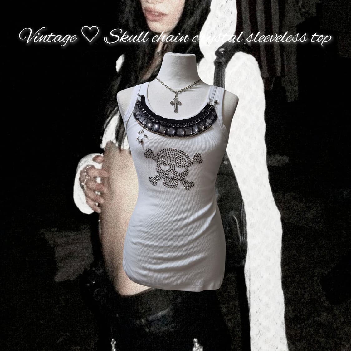 Vintage ♡ Skull chain crystal sleeveless 상품이미지1