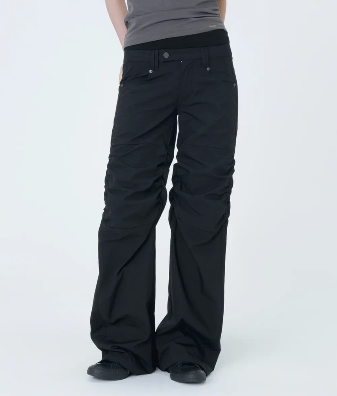Ribbed layered shirring pants BLACK 상품이미지1