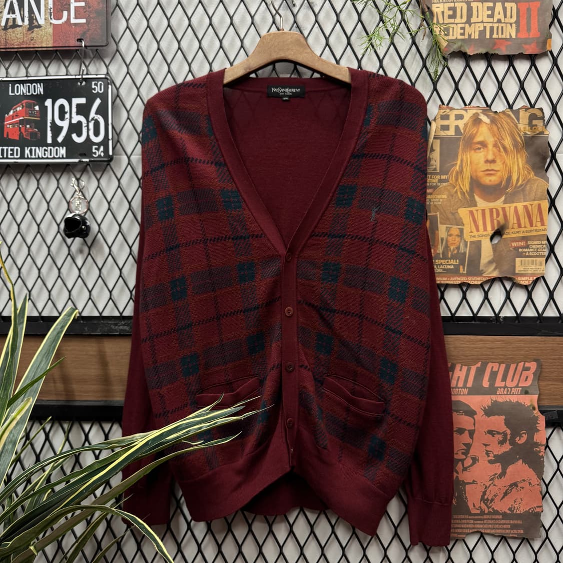 90s 입생로랑 YSL 니트 가디건 체크 패턴 포인트 버건디 상품이미지1