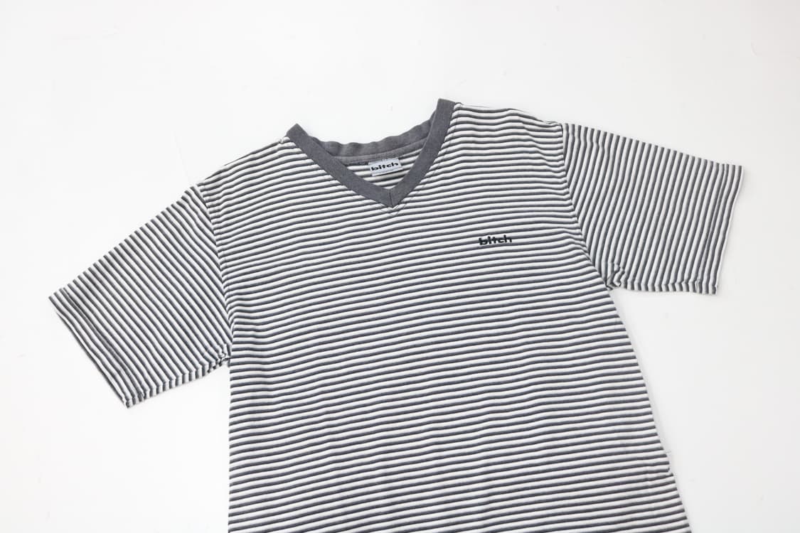 비치 스케이트보드 빈티지 스트라이프 브이넥 반팔 티셔츠 (L) 상품이미지3