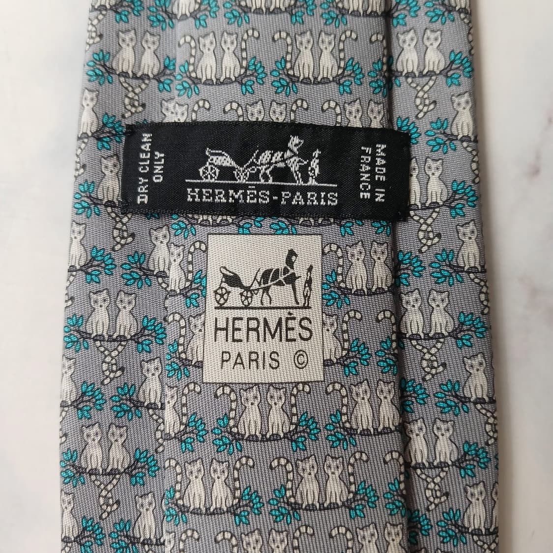 에르메스 실크 그레이 고양이 패턴 넥타이 7.8cm A등급 E948 상품이미지6