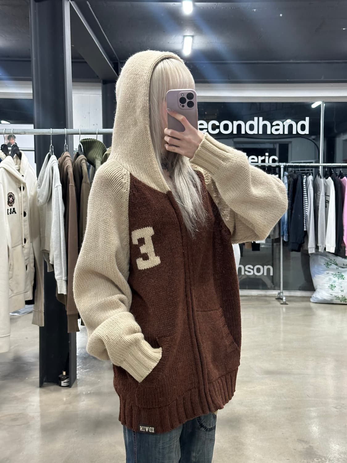 EDWIN 에드윈 89 레터링 브라운 울 니트 후드집업 상품이미지1