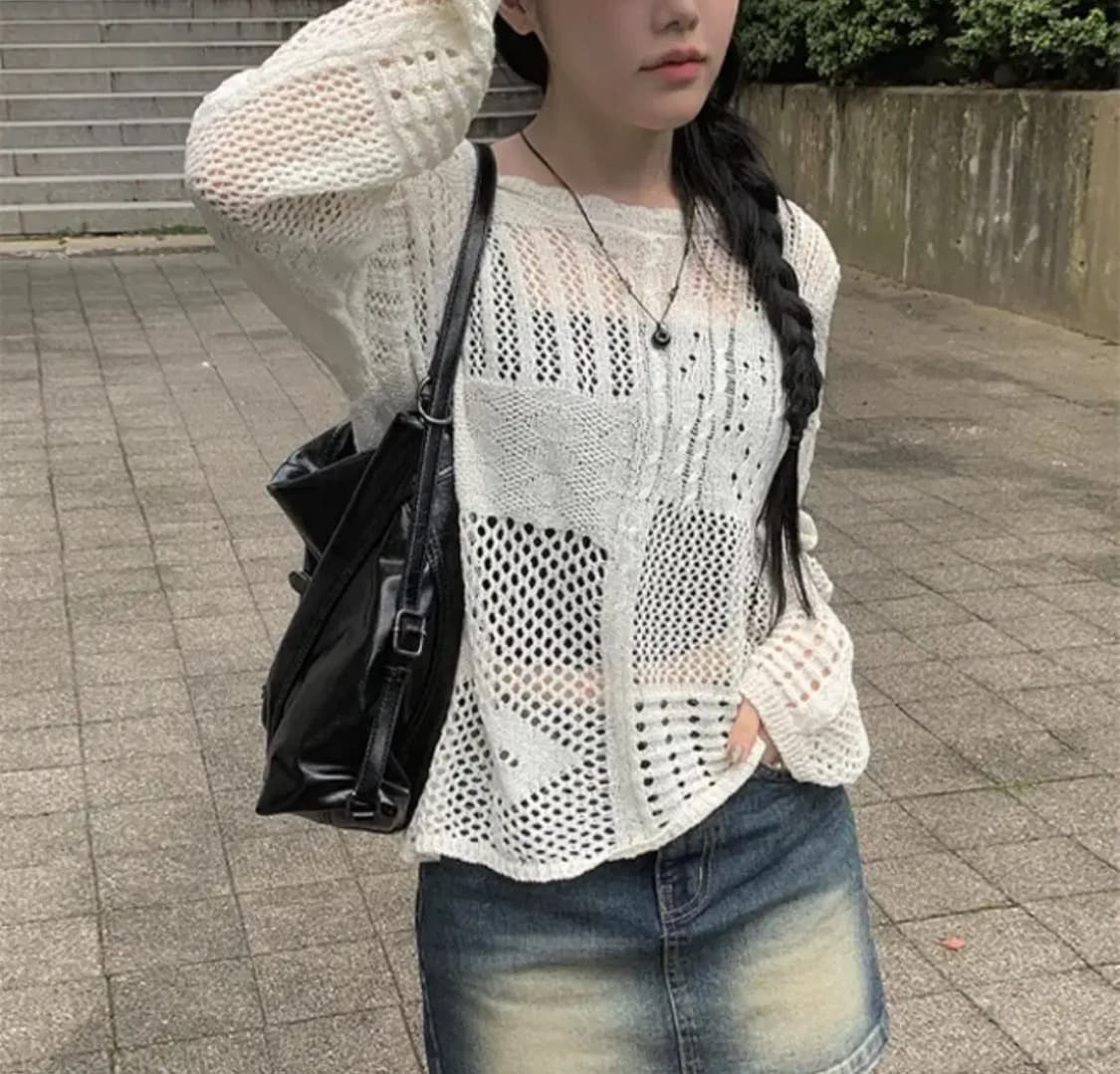 애니원모어 도네 펀칭 그물 루즈핏 니트 아이보리 상품이미지1