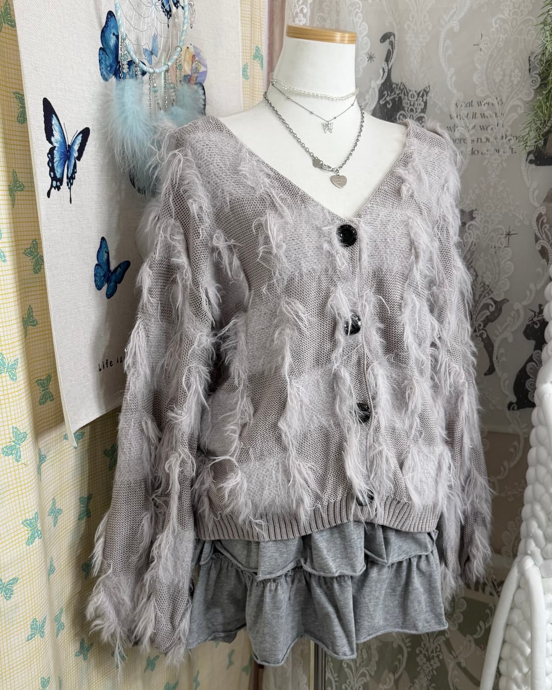 그레이 퍼 체크 브이넥 가디건 상품이미지5