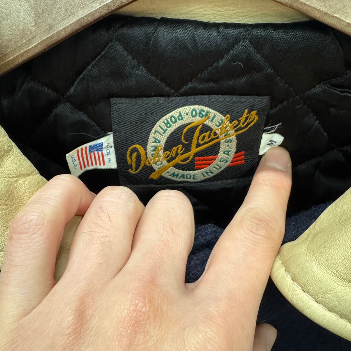 USA VTG 90s 빈티지 레더 바시티 자켓 베이지 네이비 배색 상품이미지6