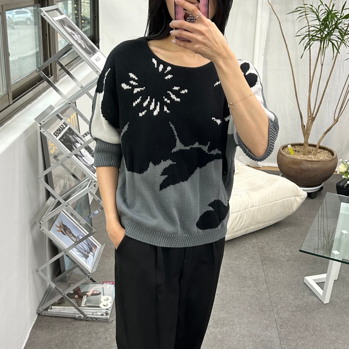 이태리 피아자 셈피오네 플라워 패턴 돌먼 니트 탑 상품이미지3