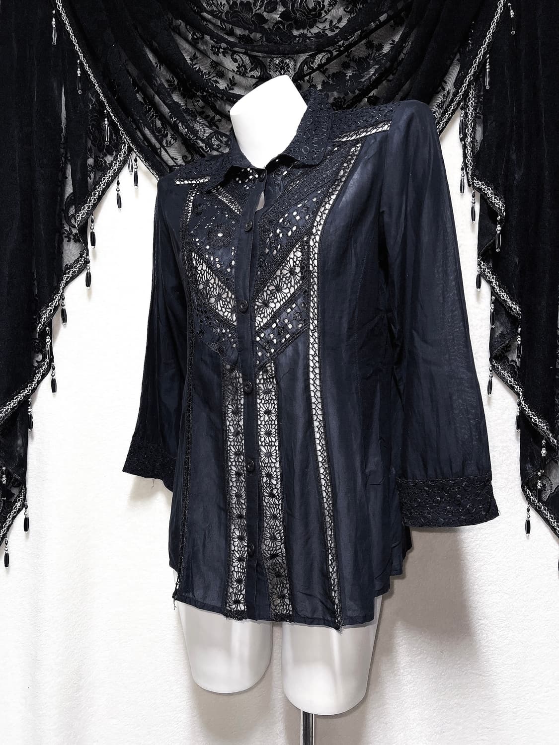 오리엔탈 고스펑크 고딕 레이스 펀칭 블랙 블라우스 중티 다크페어리 핀터 상품이미지6