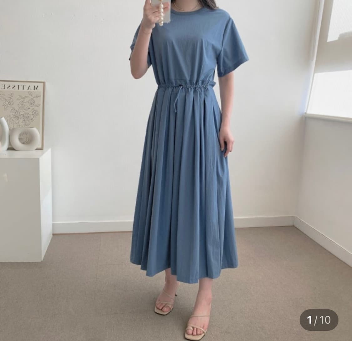 허리스트링 바스락 플리츠 플레어 반팔롱원피스 하객룩데이트룩오피스룩여행룩 상품이미지3