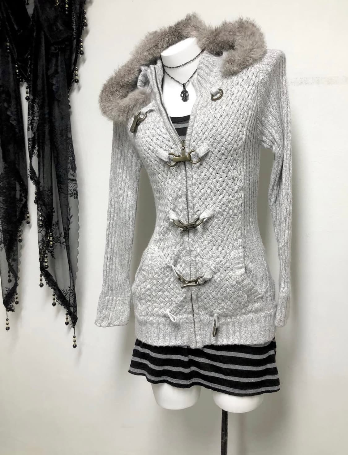 리얼퍼 니트집업 모리 니혼진 너드 무채색 아우터 버클 00s 상품이미지3