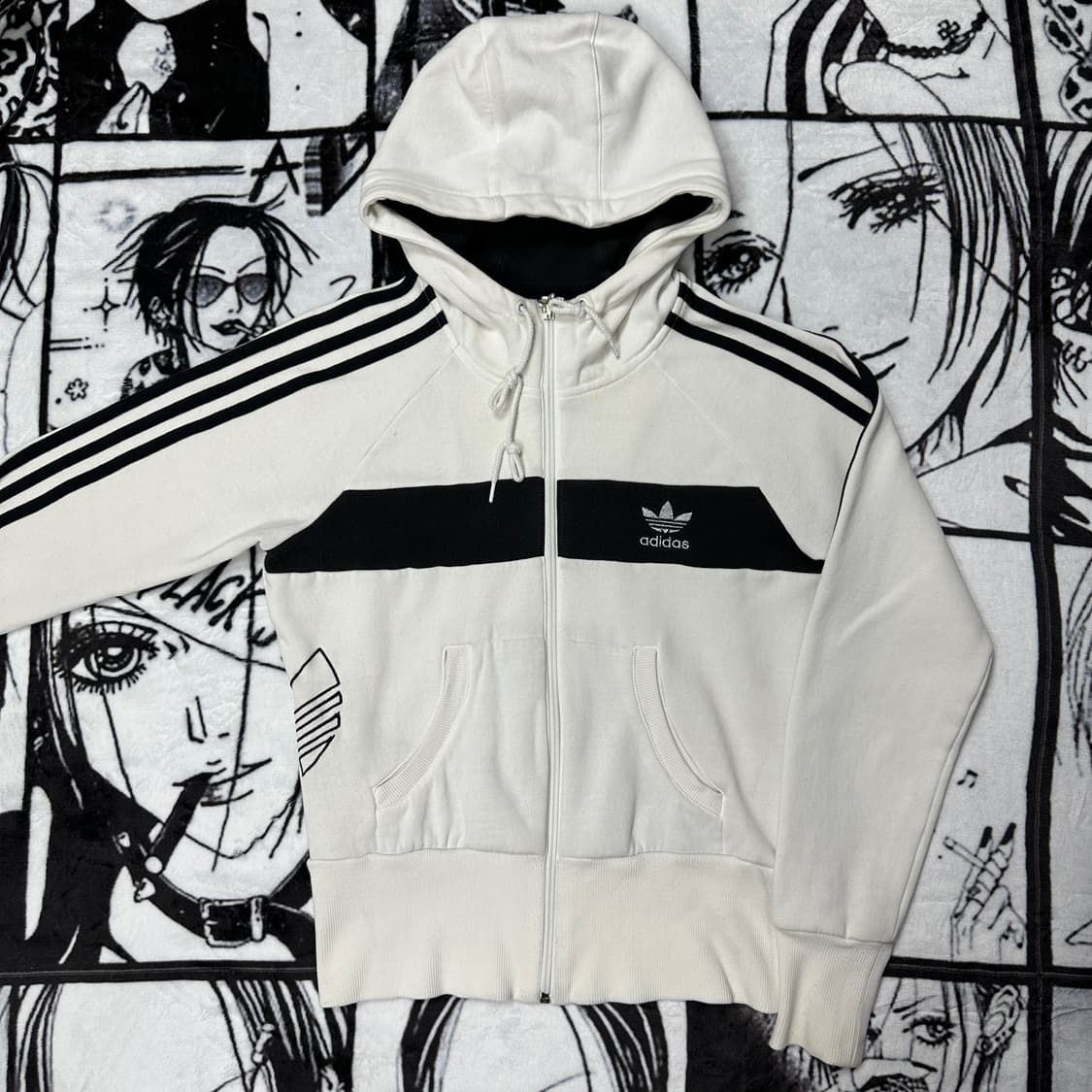 아디다스 삼선 흰색 크롭 후드집업 상품이미지2