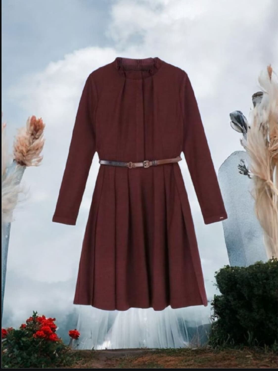 헤지스레이디스 버건디 하이넥 벨티드 울 미디 원피스 55 55(1/2) 상품이미지1