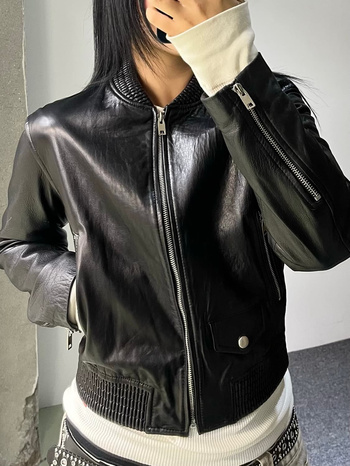 베네통 램 레더 바이커 자켓 상품이미지2