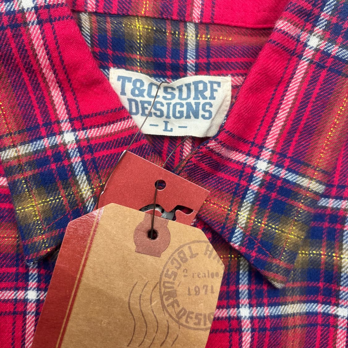 T&C Surf 디자인 하와이 레드 체크 플란넬 셔츠 L 상품이미지7
