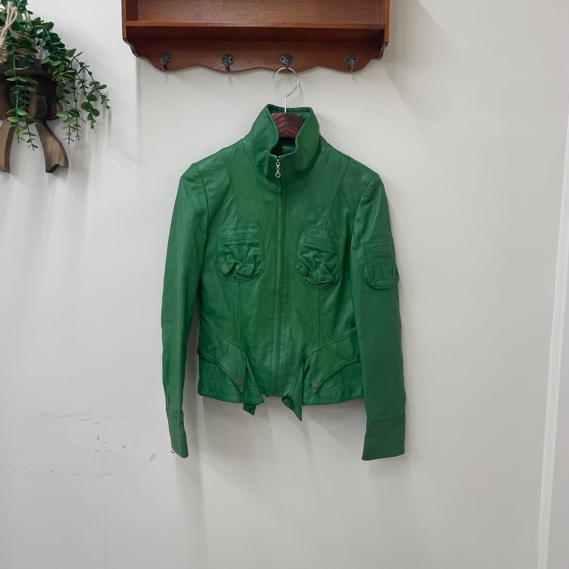 Y2K 하이넥 그린 리얼 레더 셔링 레더 자켓 상품이미지1