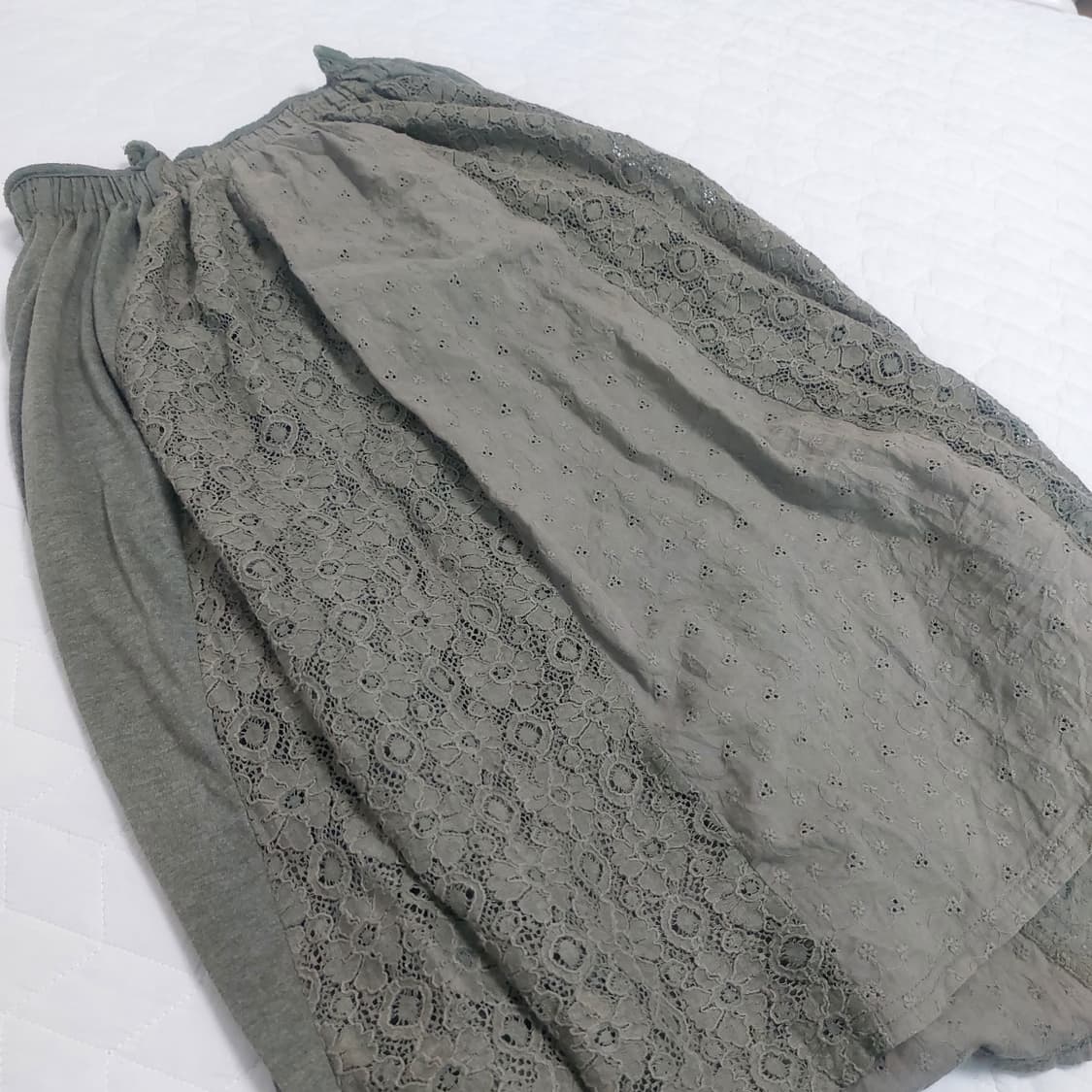 모리걸 보헤미안 오리엔탈 히피 카키 크로셰 레이스 레이어드 미디 스커트 상품이미지1