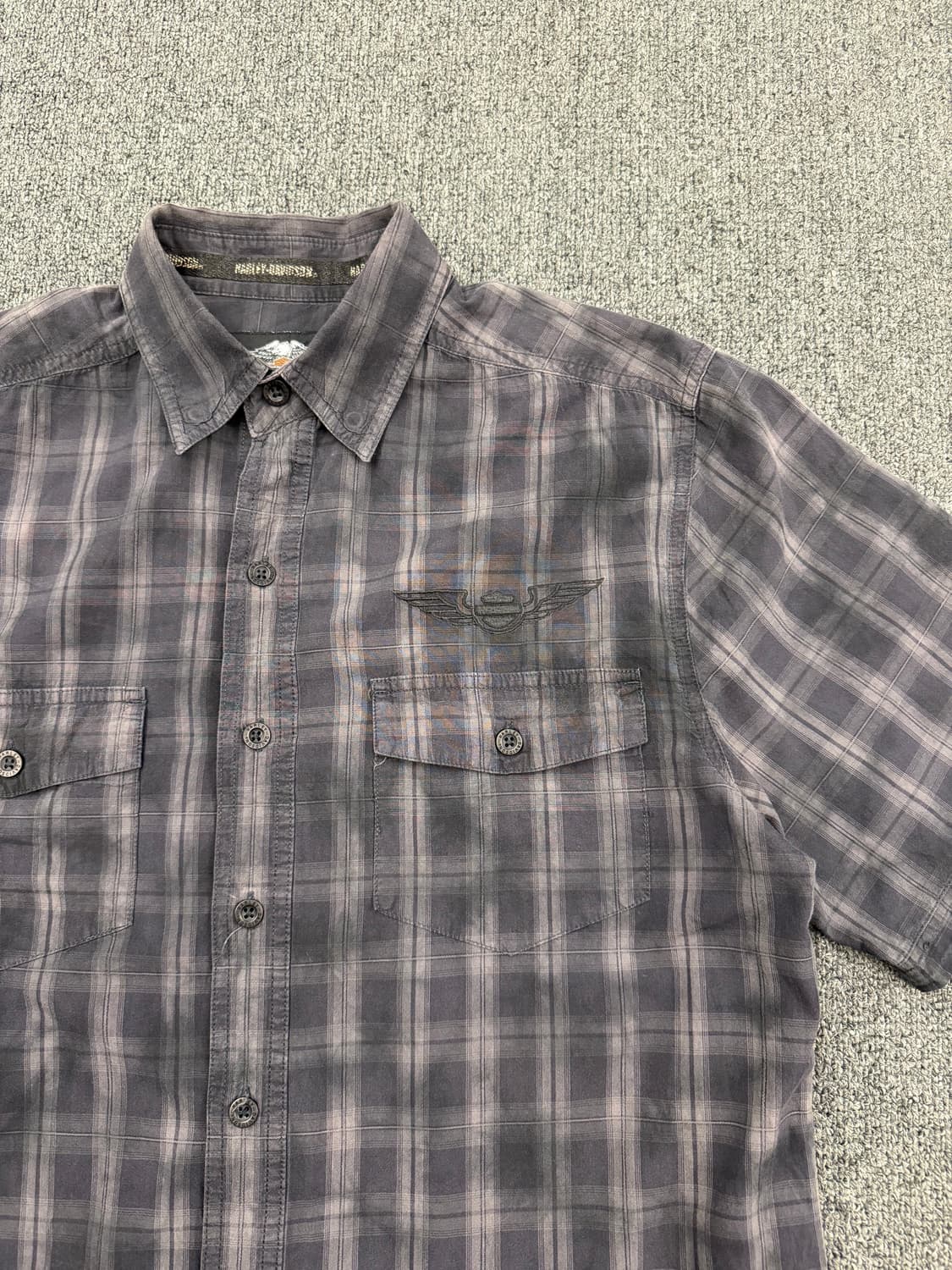 M) 할리데이비슨 빈티지 자수 로고 체크 반팔 셔츠 상품이미지2