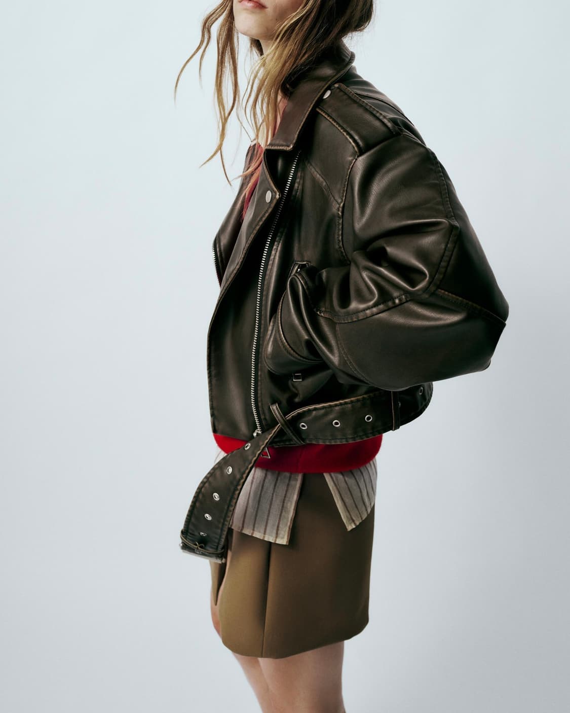 자라 레더 가죽 브라운 갈색 워시드 바이커 라이더 자켓 L 100 펑크 상품이미지3