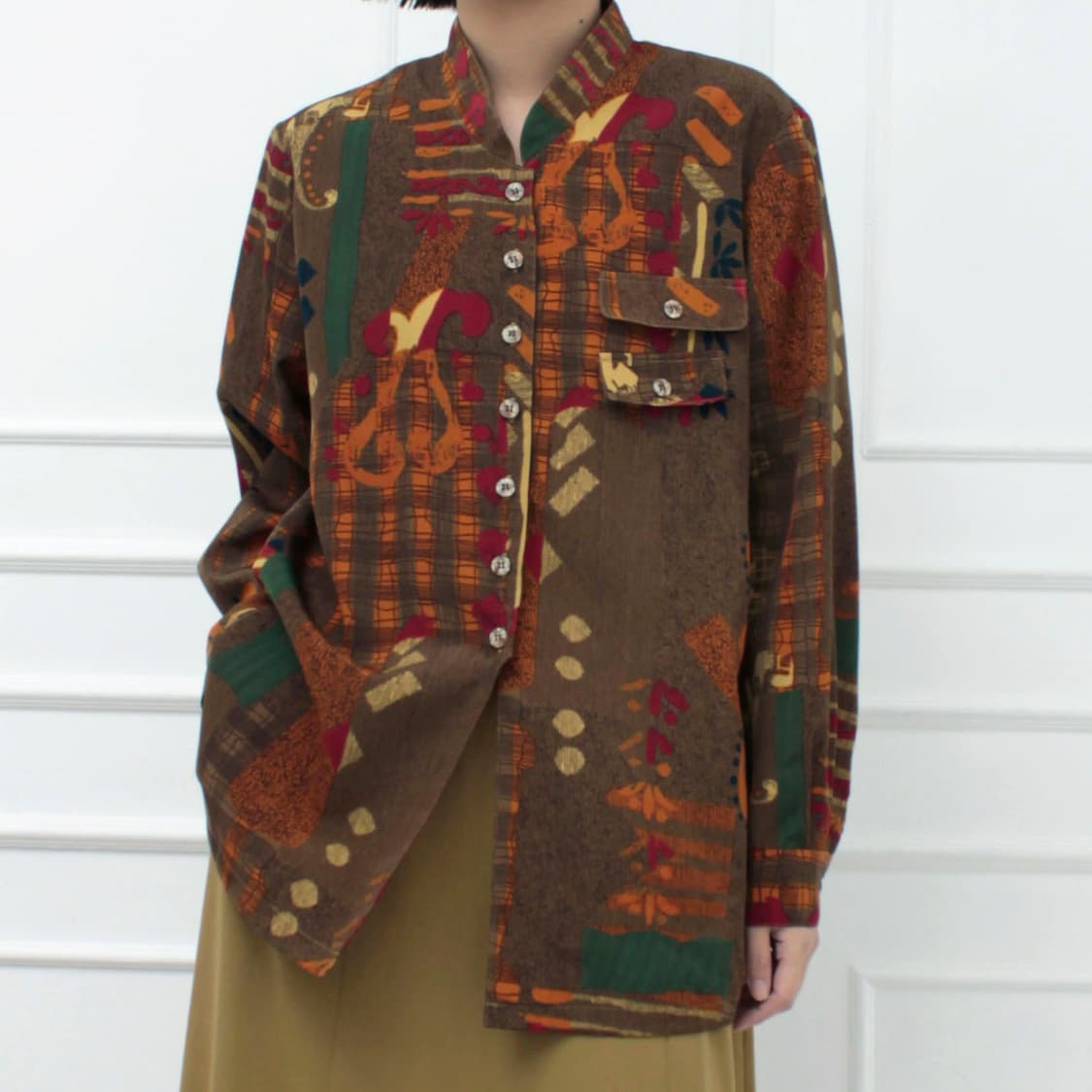 일본 빈티지 에스닉 패턴 차이나 카라 넥 블라우스 상품이미지1