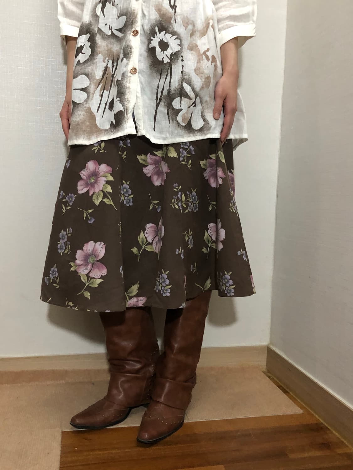 빈티지 브라운 플라워 미디 스커트 상품이미지1