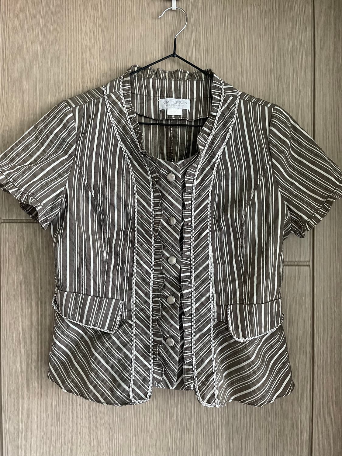 y2k 갸루 펑크 브라운 실버 스트라이프 크롭 블라우스 상품이미지1