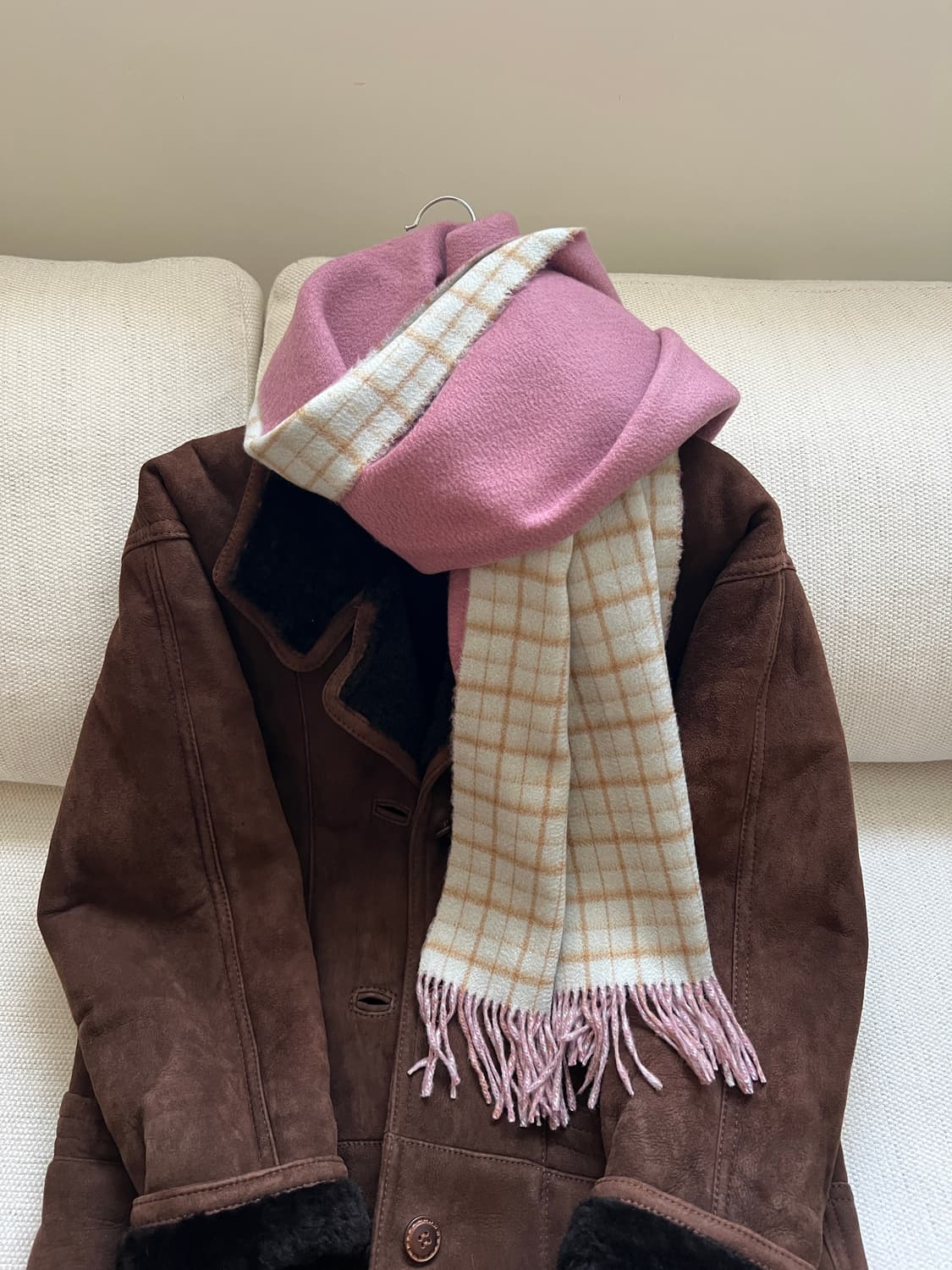 리버서블 캐시미어 머플러 (모브 핑크 & 민트 체크) 상품이미지2