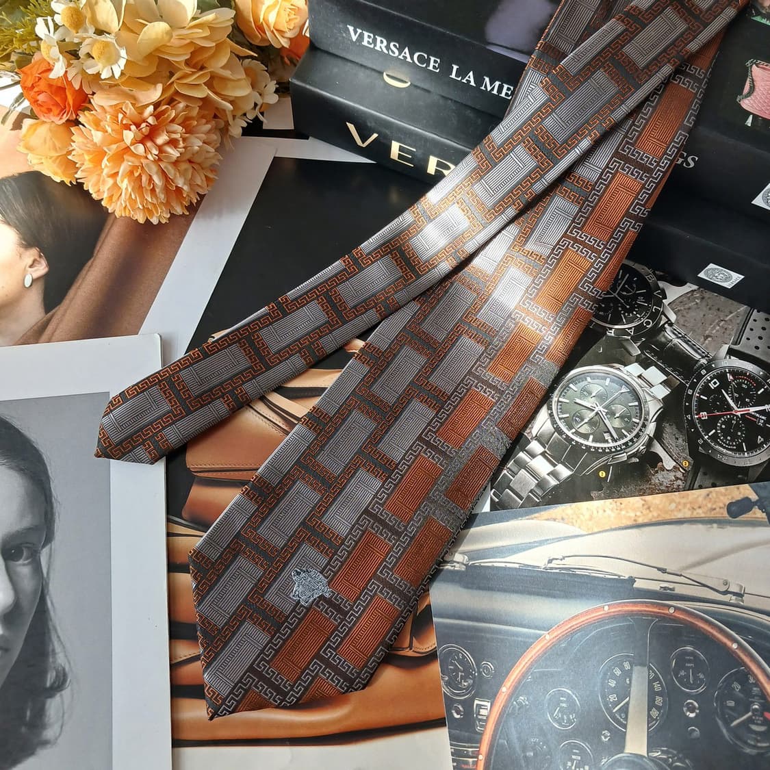 베르사체 실크 브라운 메두사 자수 넥타이 9.6cm A+등급 A19490 상품이미지4