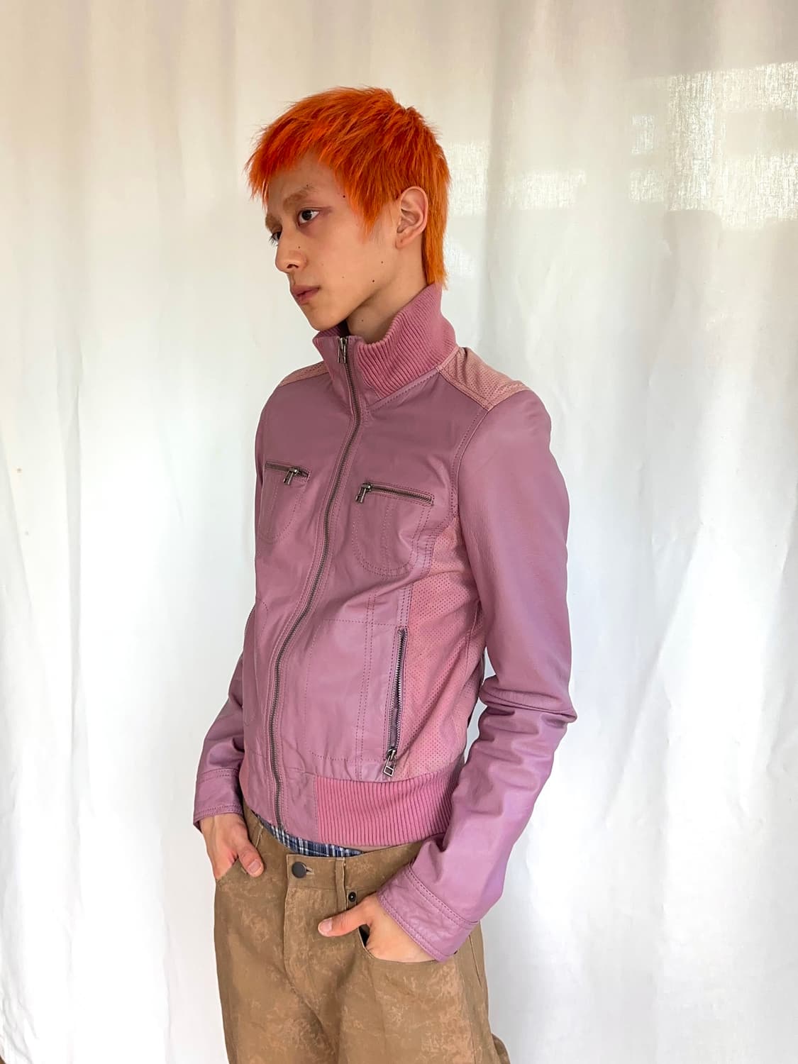 IRF 핑크 레더 모터사이클 자켓 상품이미지2