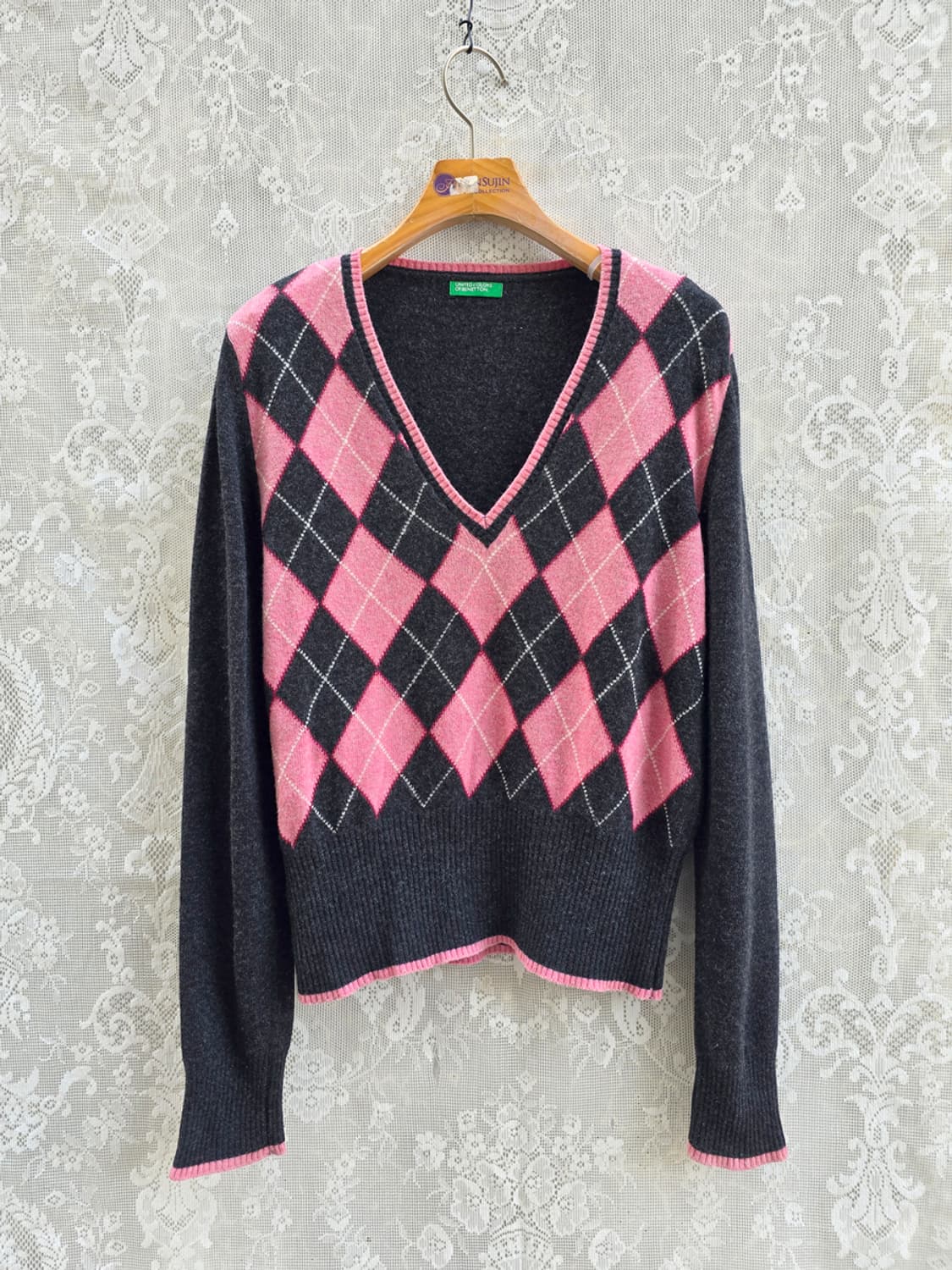 베네통 아가일 브이넥 니트 (made in italy) 상품이미지1