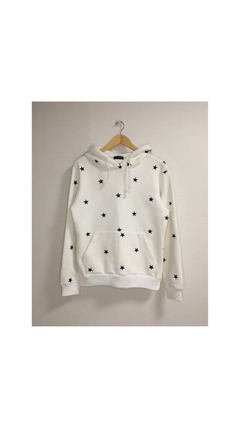 빈티지 화이트 네이비 별 무늬 자수 기모 후드티 상품이미지1