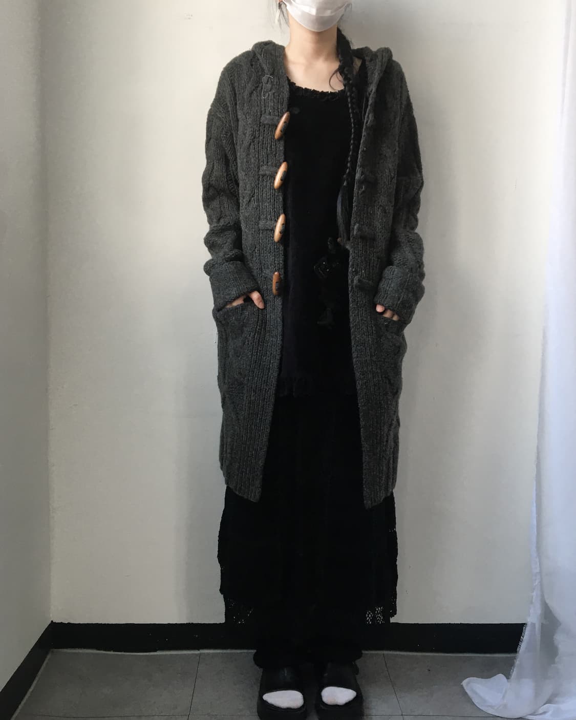 Duffle button cable pattern hood cardiga 상품이미지8